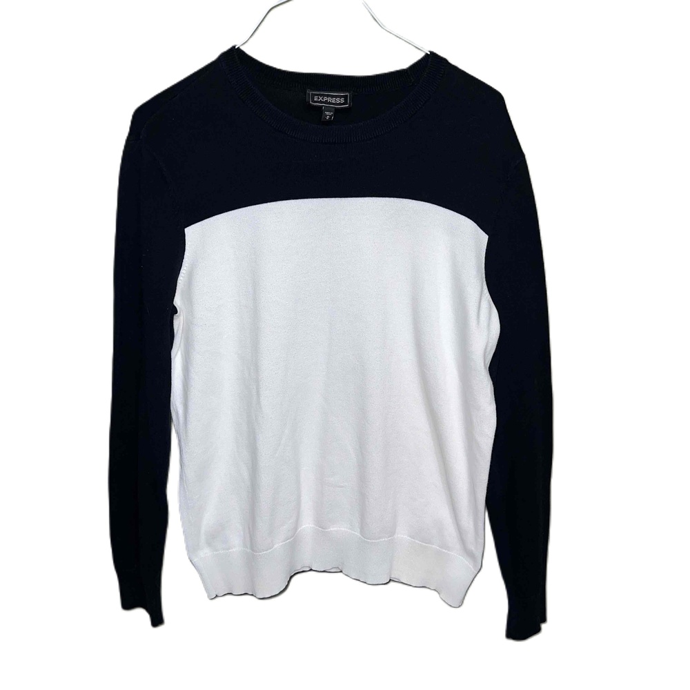 Express Mens Black & White Color Block Long Sleeve Crewneck Sweater